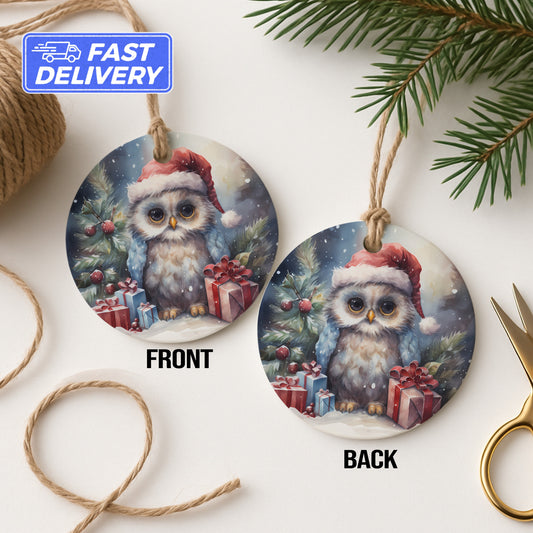 Christmas Owl with Santa Hat Double Sided Ornament product