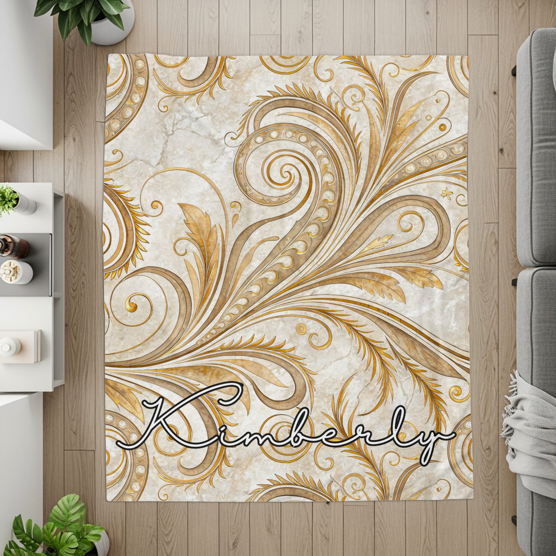Personalized Elegant Floral Swirl Pattern Name Rug