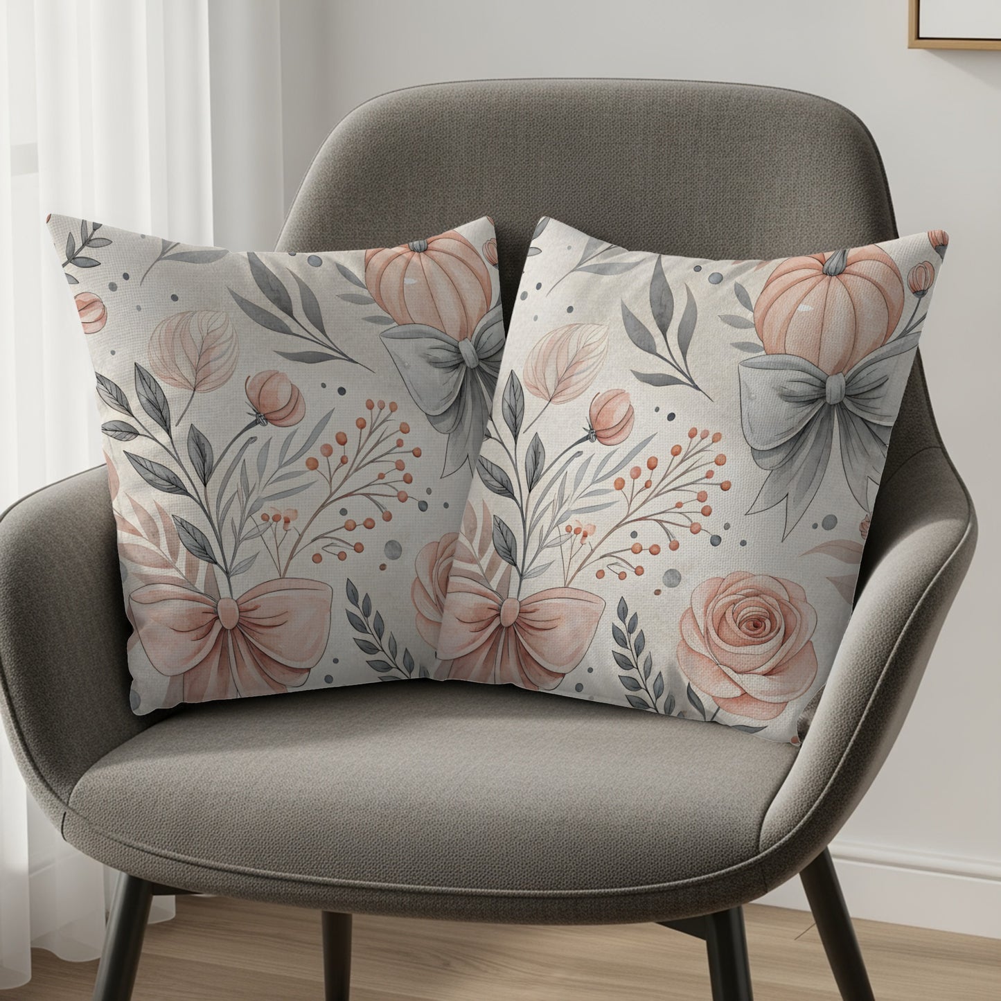 Elegant Floral Pattern Throw Pillow Set with Bows