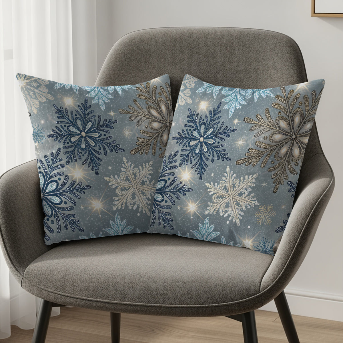 Close-up of the blue and white snowflake print detail on the throw pillow