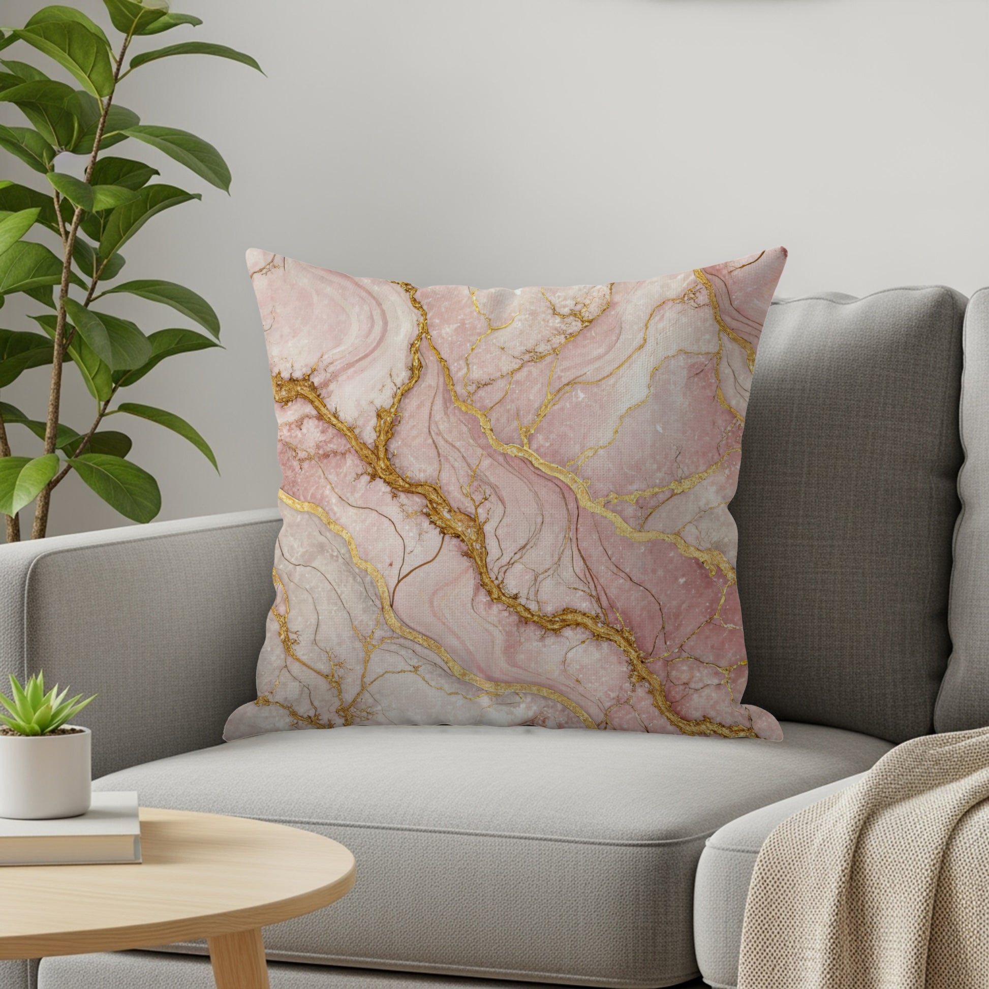 Elegant Pink and Gold Marble Pattern Throw Pillow