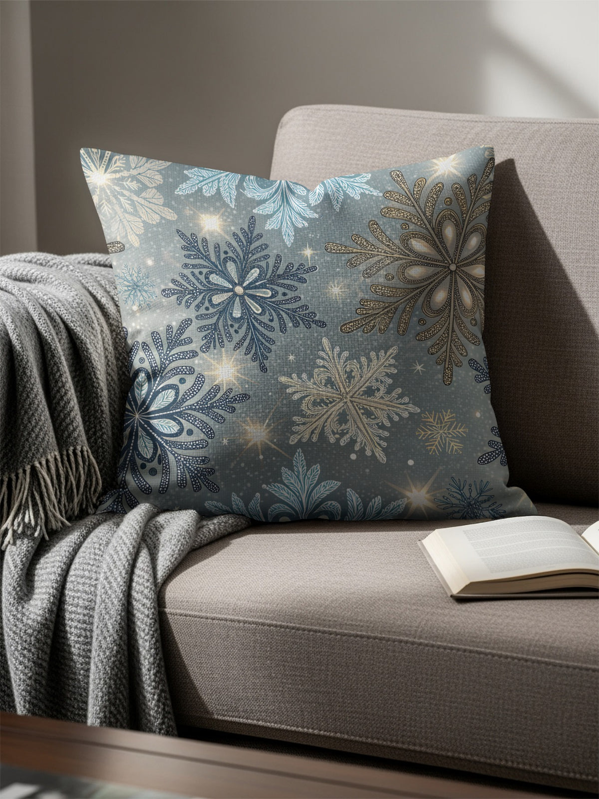 Corner detail of the snowflake pillow highlighting the sparkle and star accents