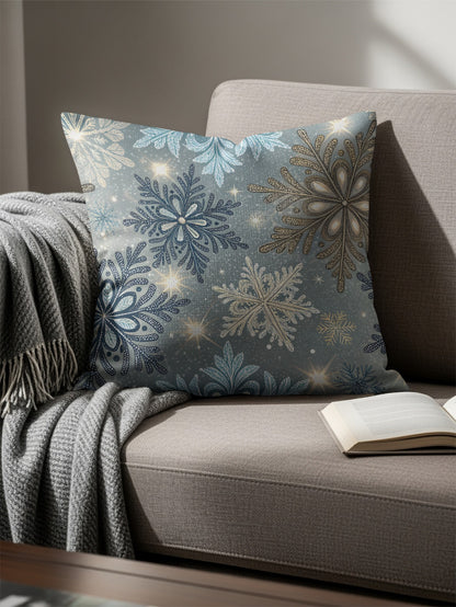 Corner detail of the snowflake pillow highlighting the sparkle and star accents