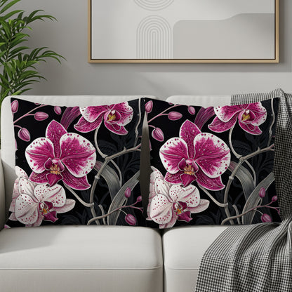 Exotic Orchids on Black Elegant Decorative Floral Throw Pillows - Walk Greener