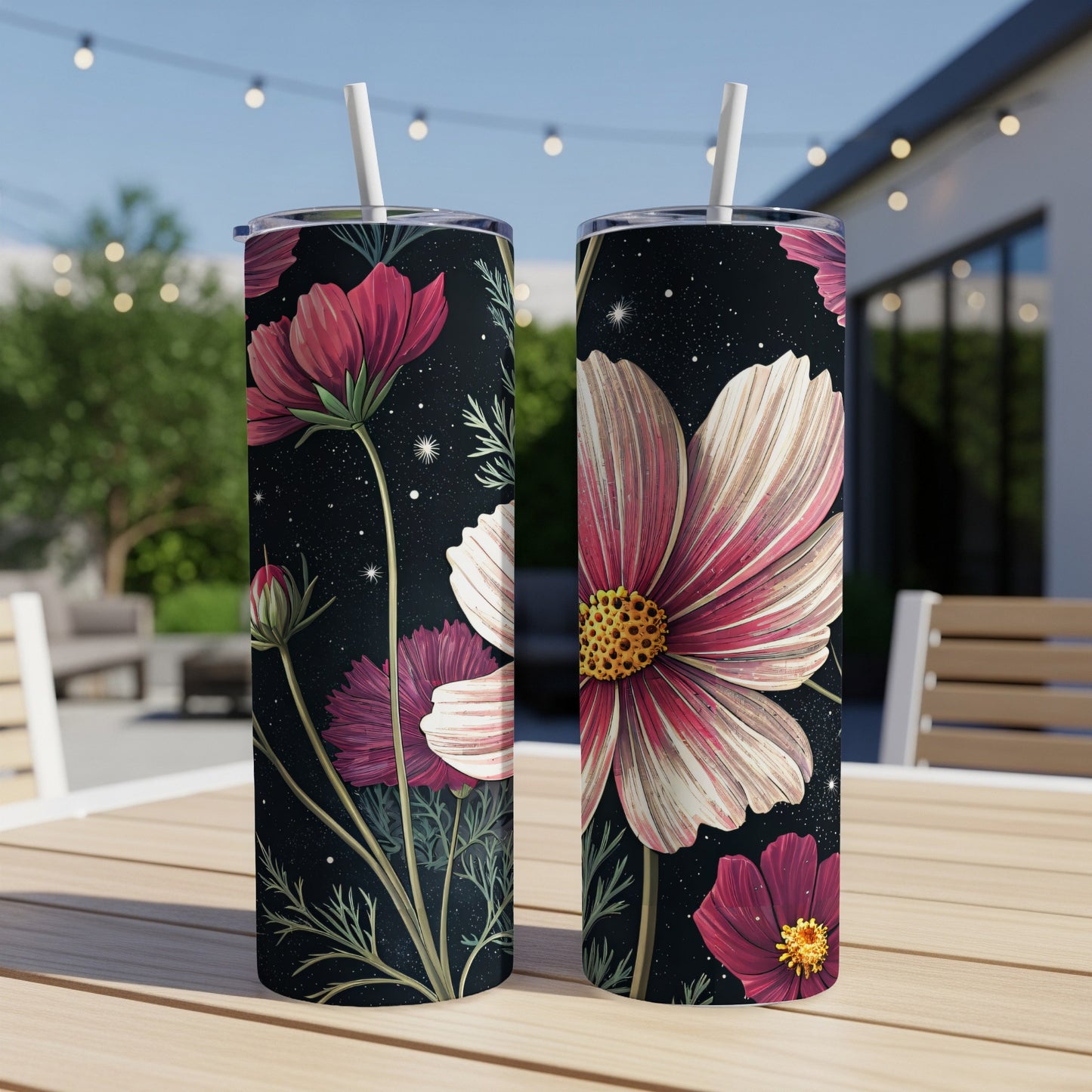 Elegant Cosmos Floral Pattern Design on Dark Backdrop Tumblers - Walk Greener