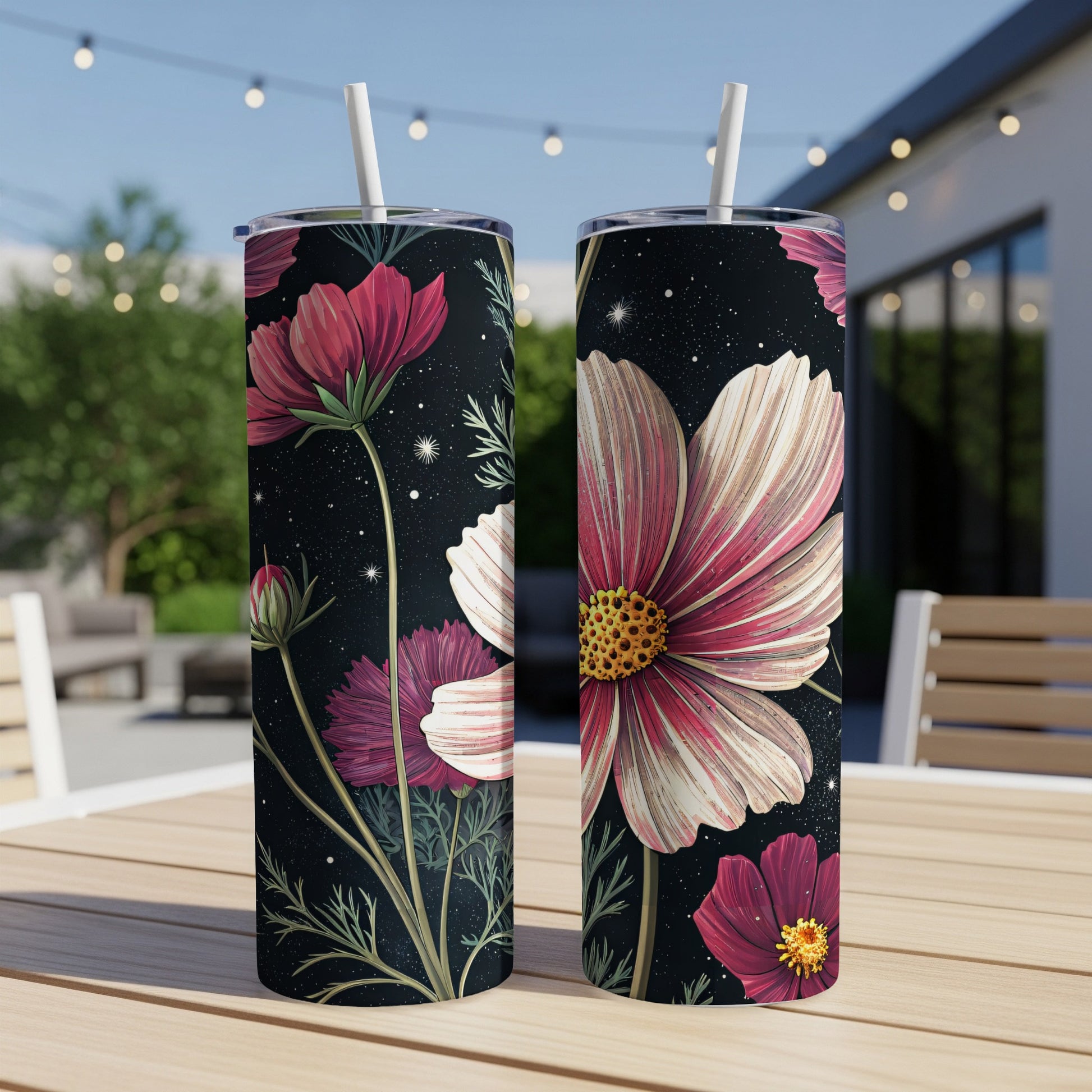 Elegant Cosmos Floral Pattern Design on Dark Backdrop Tumblers - Walk Greener