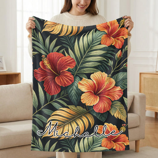 Customized Floral Hibiscus Blanket with Name Michelle