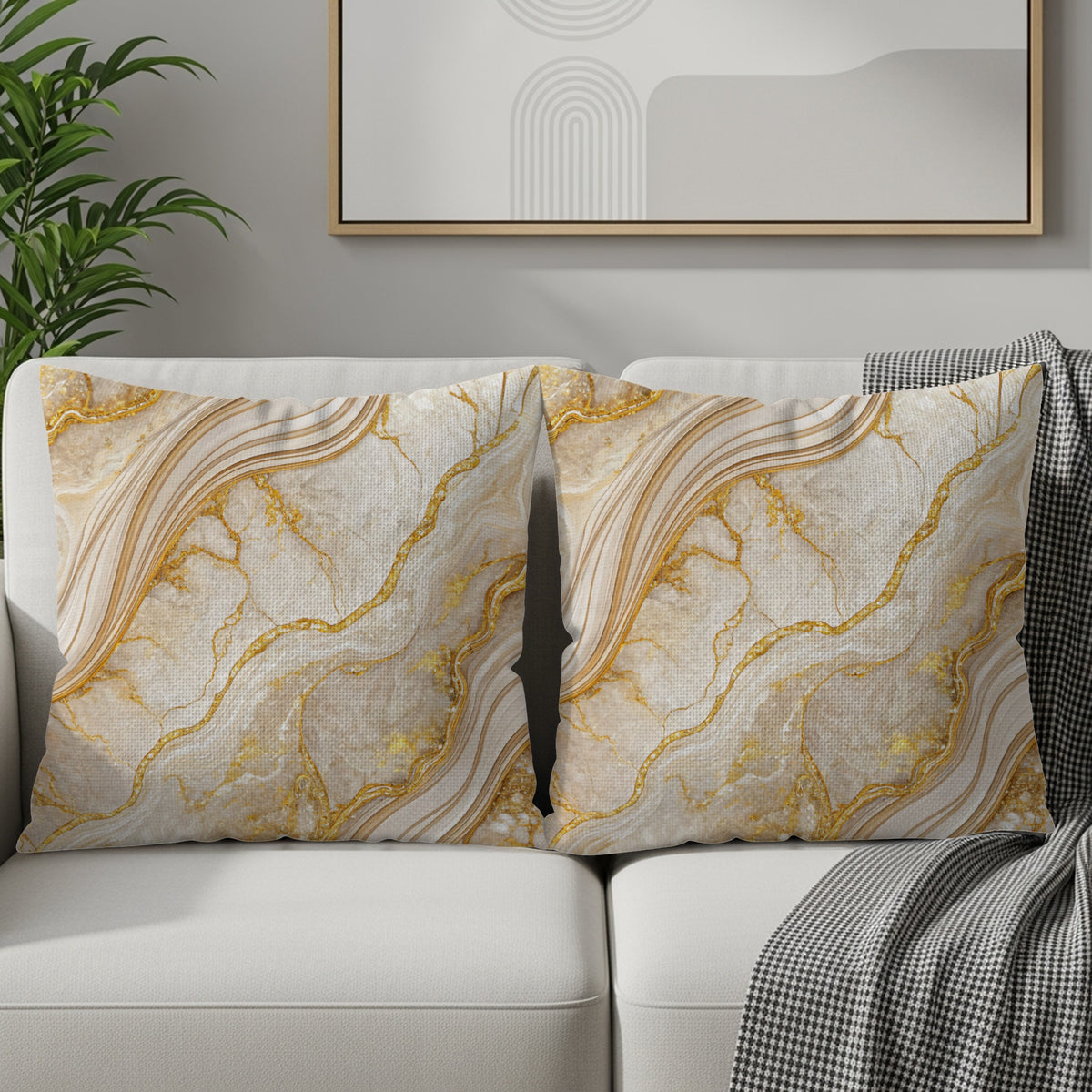 Beige Marble Golden Veins Design Floral Decorative Throw Pillows - Walk Greener