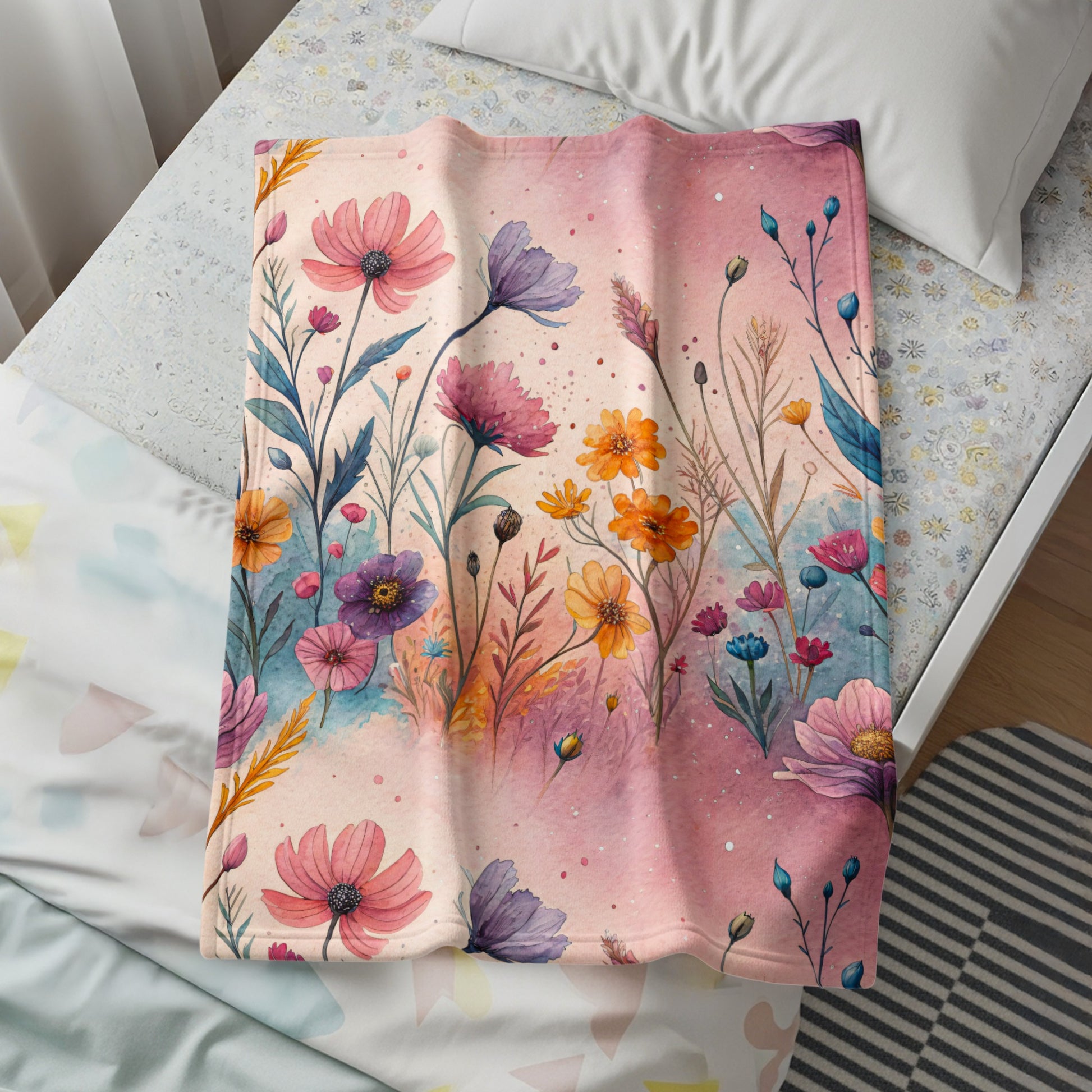 Watercolor Floral Garden On Pale Pink Design Velveteen Plush Blankets - Walk Greener