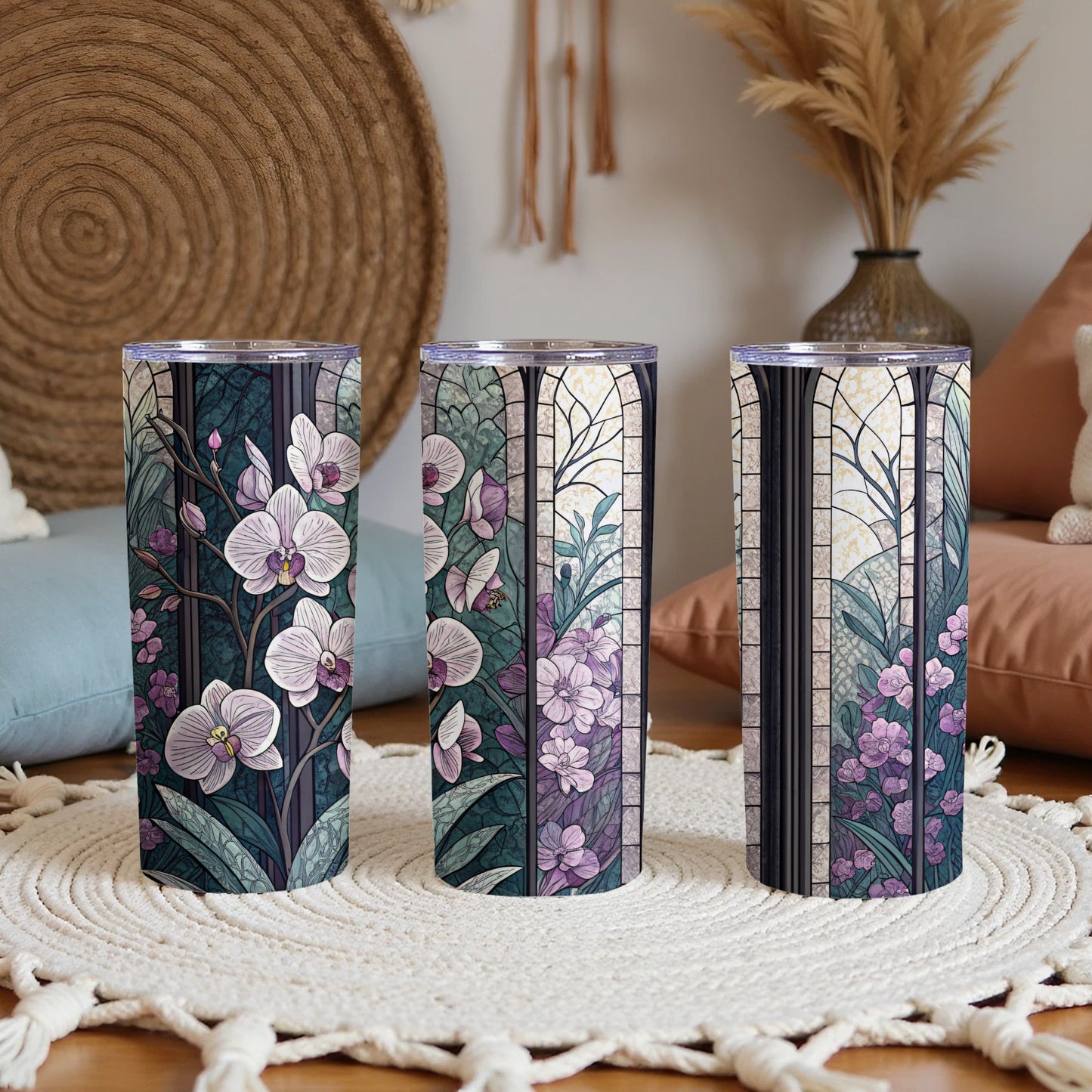 Stained Glass with Orchids and Blooms Pattern Art 20 oz Skinny Tumbler - Walk Greener