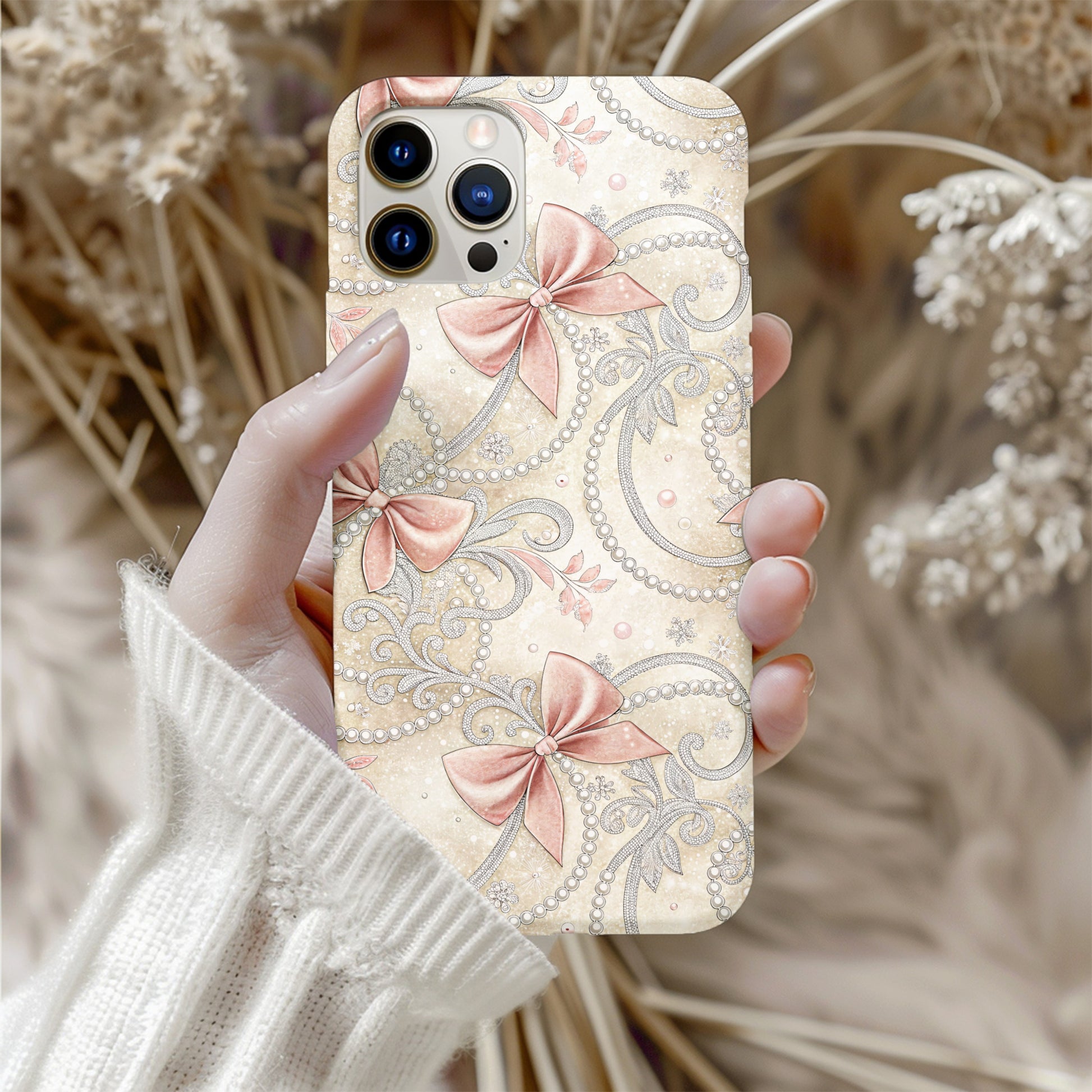 Elegant Pink Bow and Pearl Pattern Phone Case