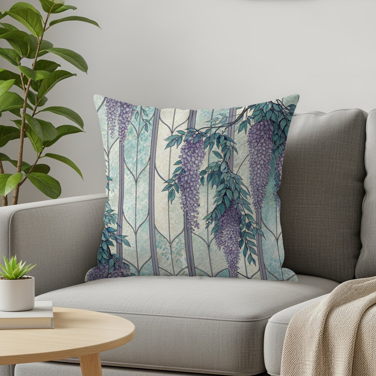 Wisteria Flowers Over Stained Glass Panels Pattern Throw Pillows - Walk Greener