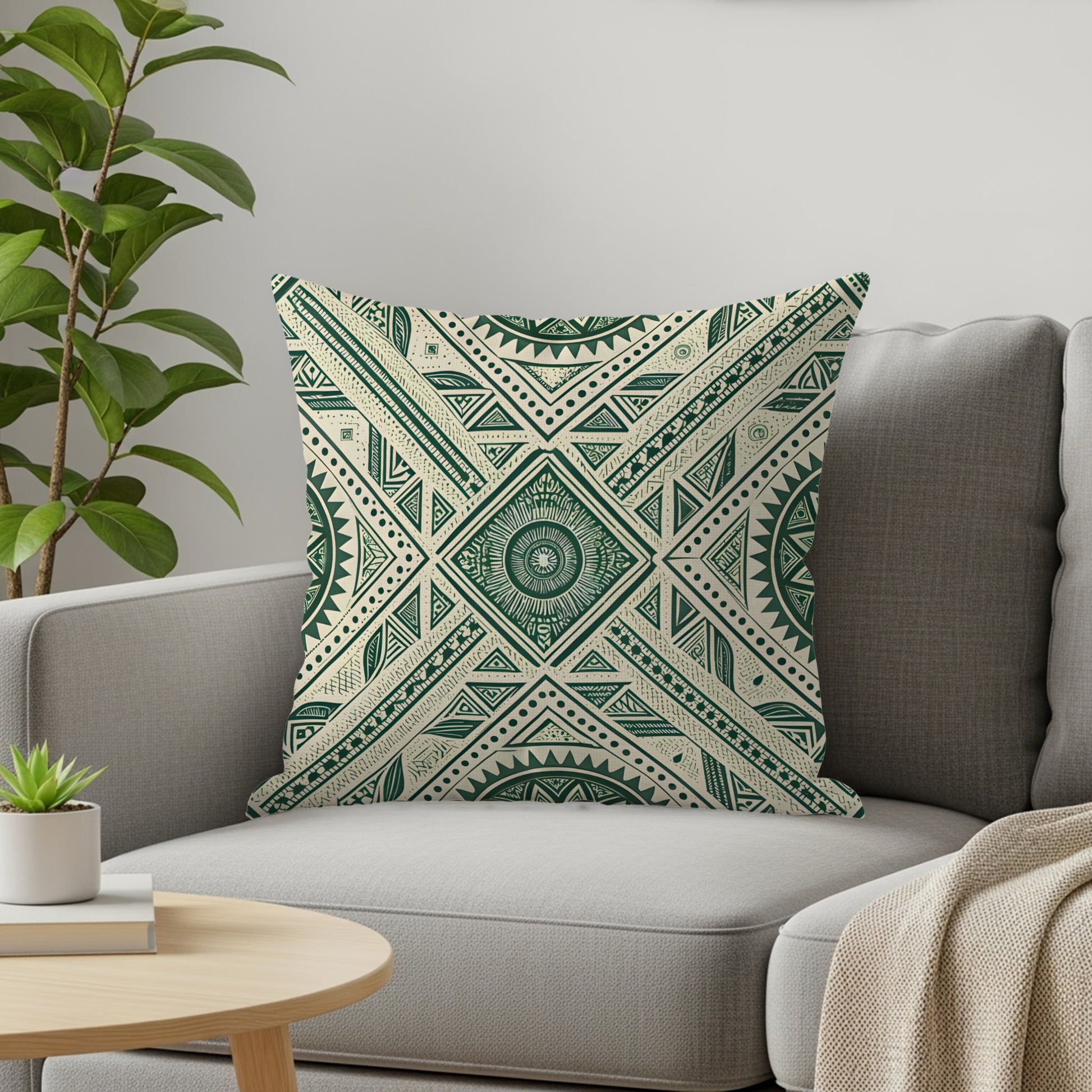 Geometric Pattern Green and White Throw Pillow Cover