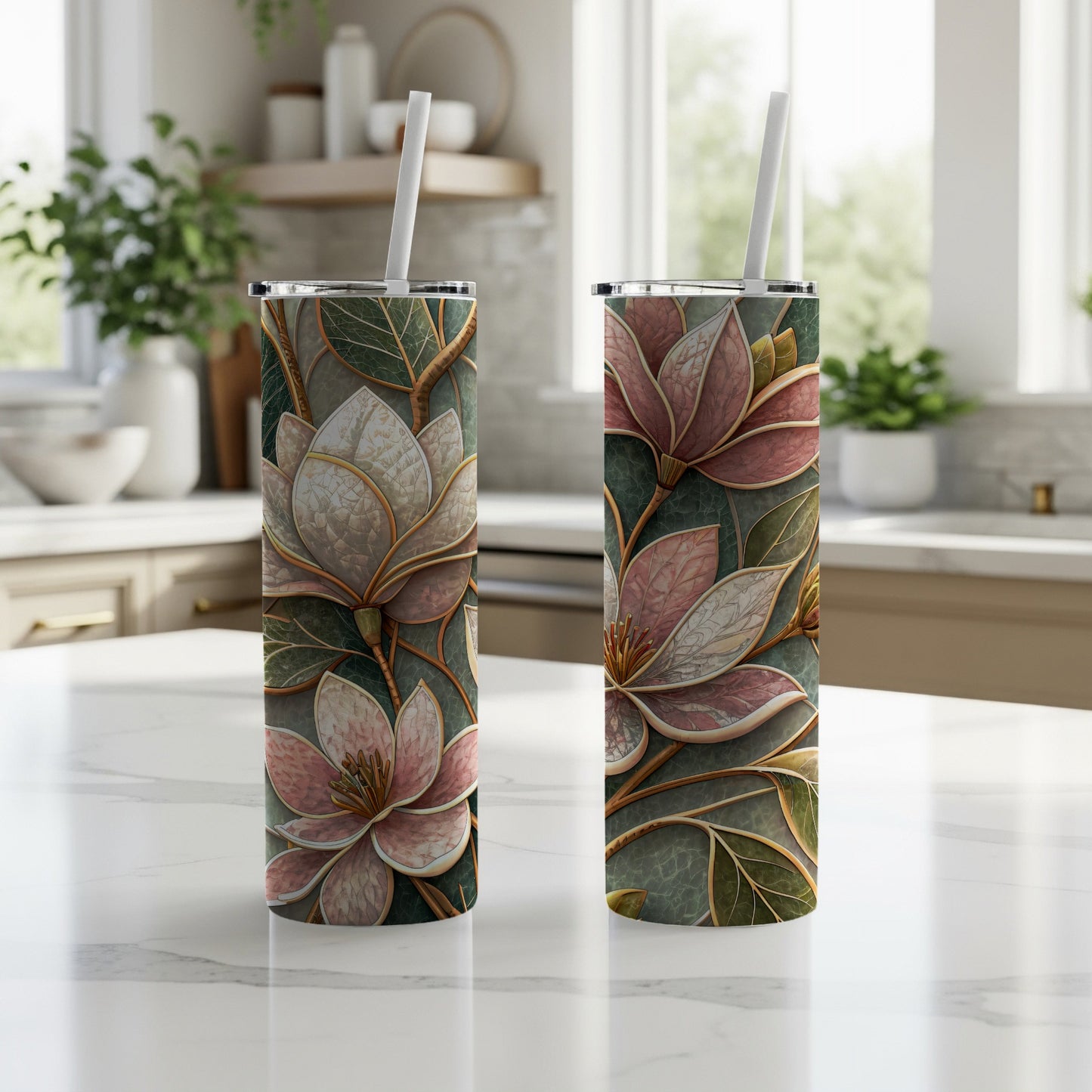 Magnolia Blossom Patterned Decorative Image Design for Tumblers 20 oz Skinny Tumbler - Walk Greener