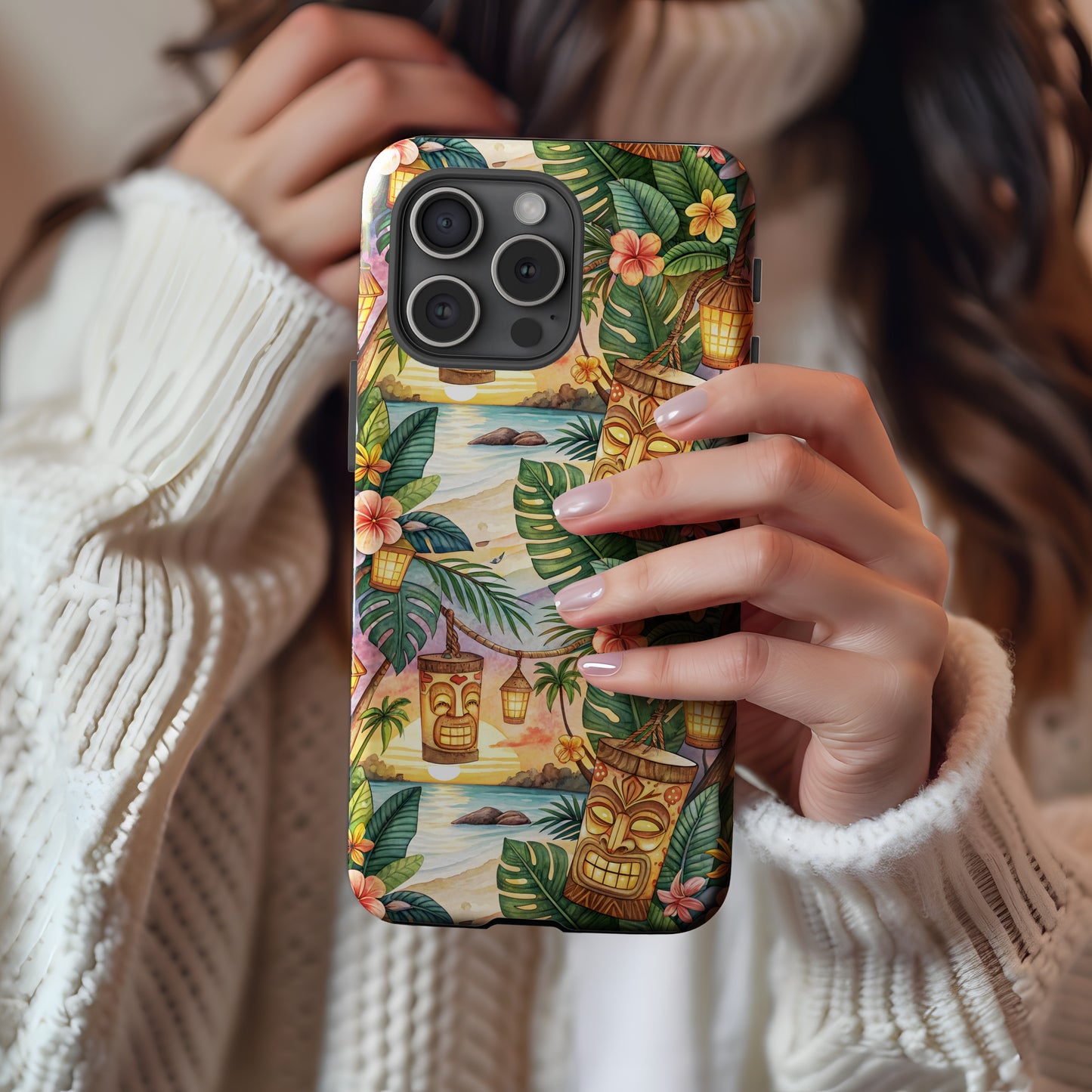 Vibrant Tropical Tiki Phone Case With Floral Details