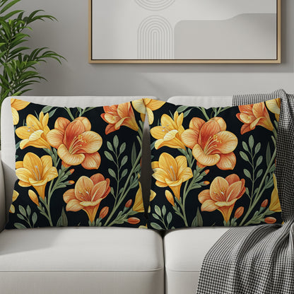 Yellow Orange Floral Pattern Dark Background Decorative Floral Throw Pillows - Walk Greener