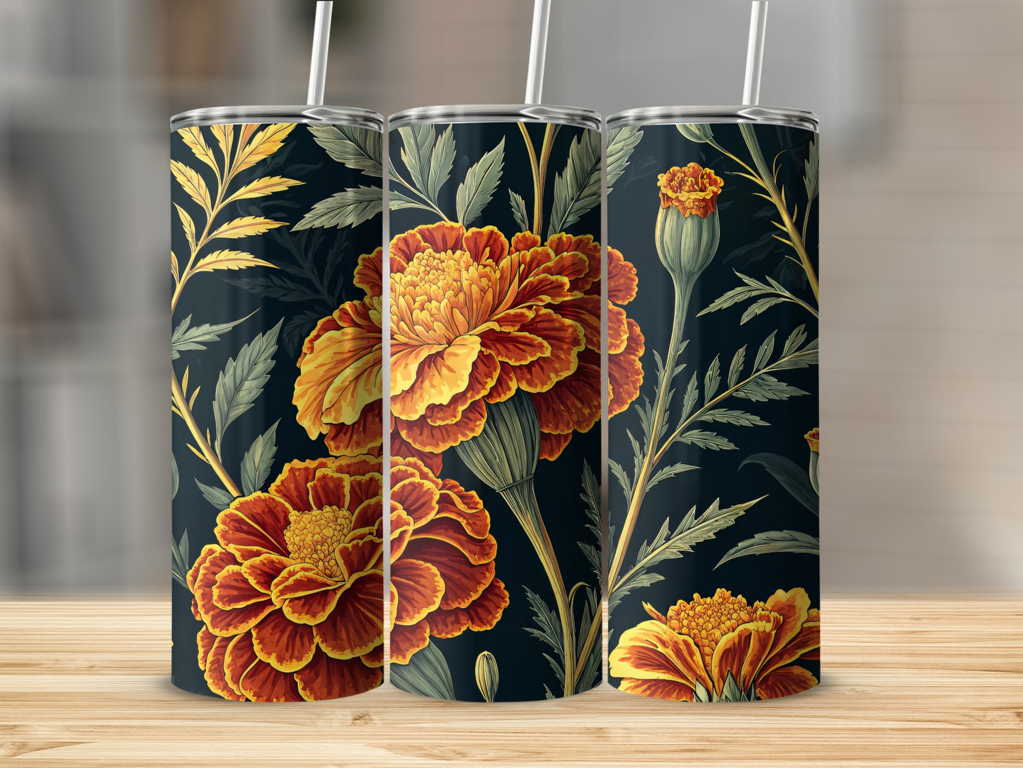 Vibrant Floral Pattern on Black Tumbler Product
