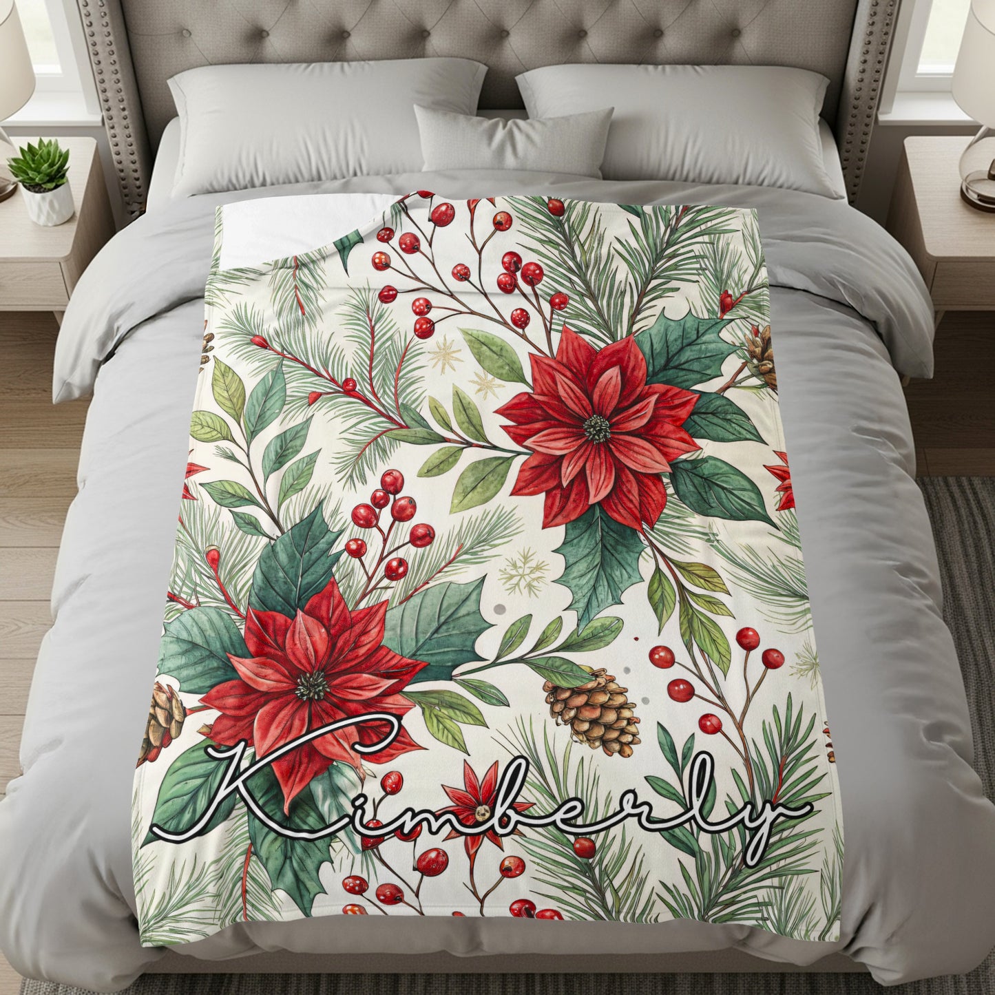Festive Floral Personalized Christmas Bedding Blanket