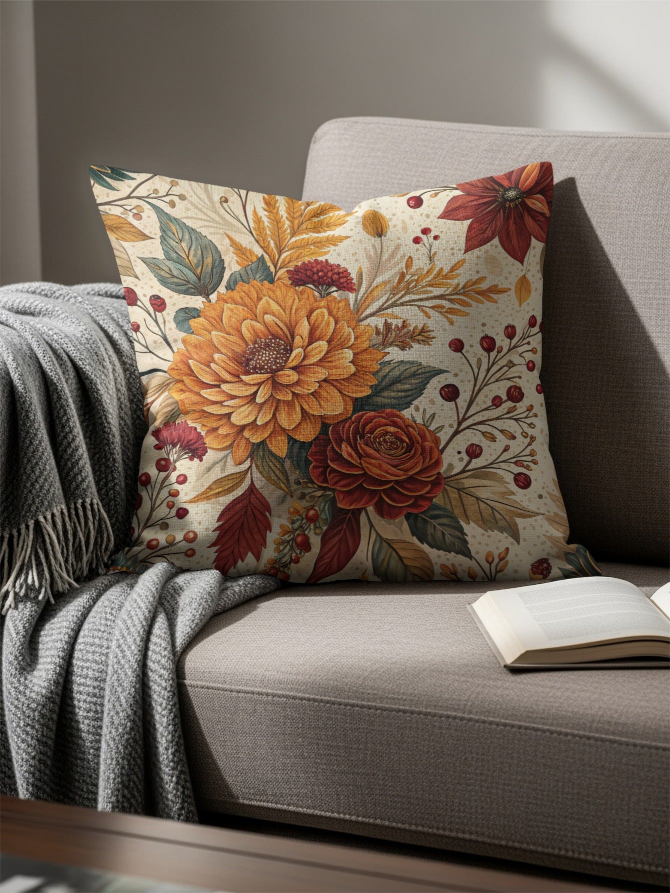 Autumn Floral Cushion with Vibrant Blooms Pillow 