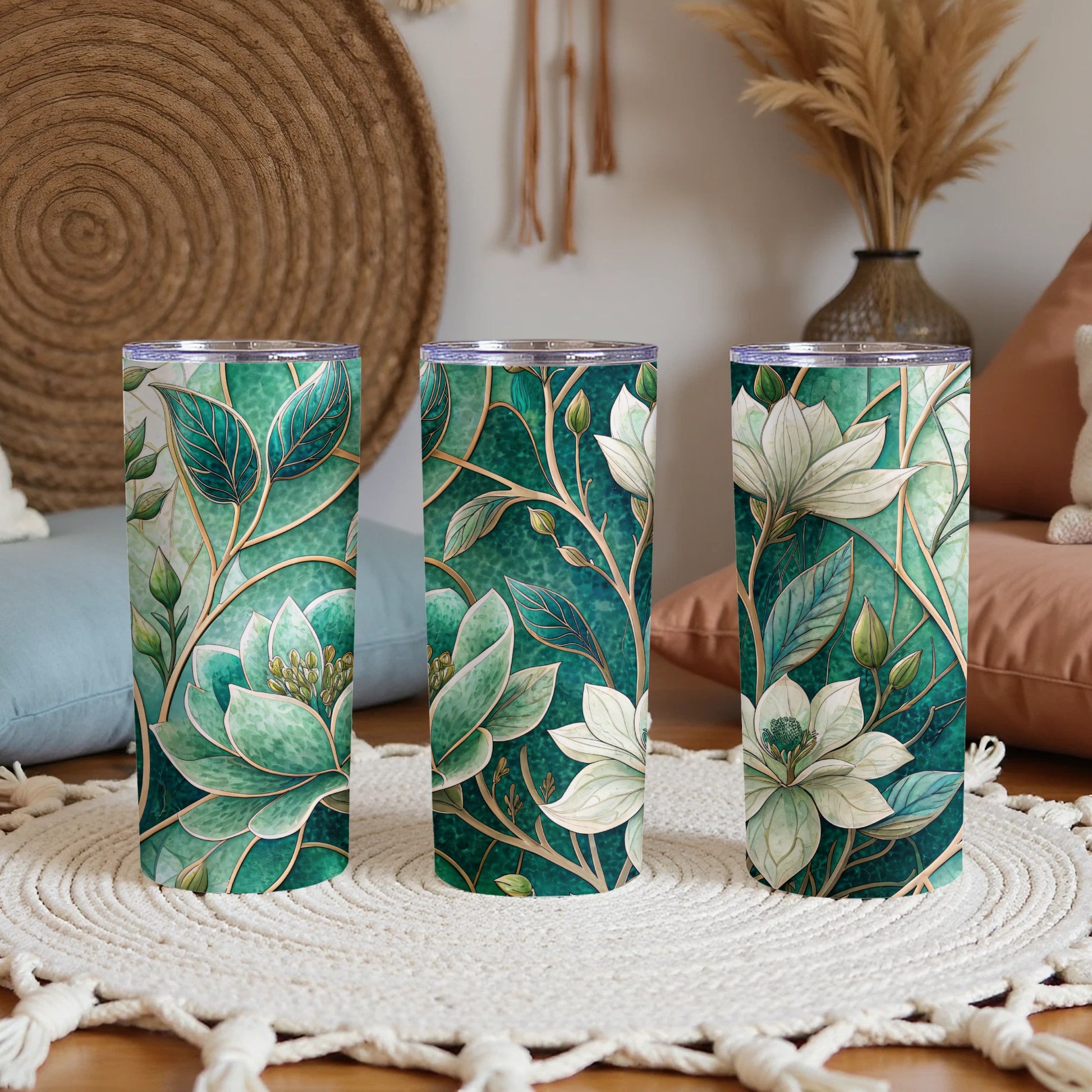 Blooming Magnolias on Emerald Background 20 oz Skinny Tumbler - Walk Greener