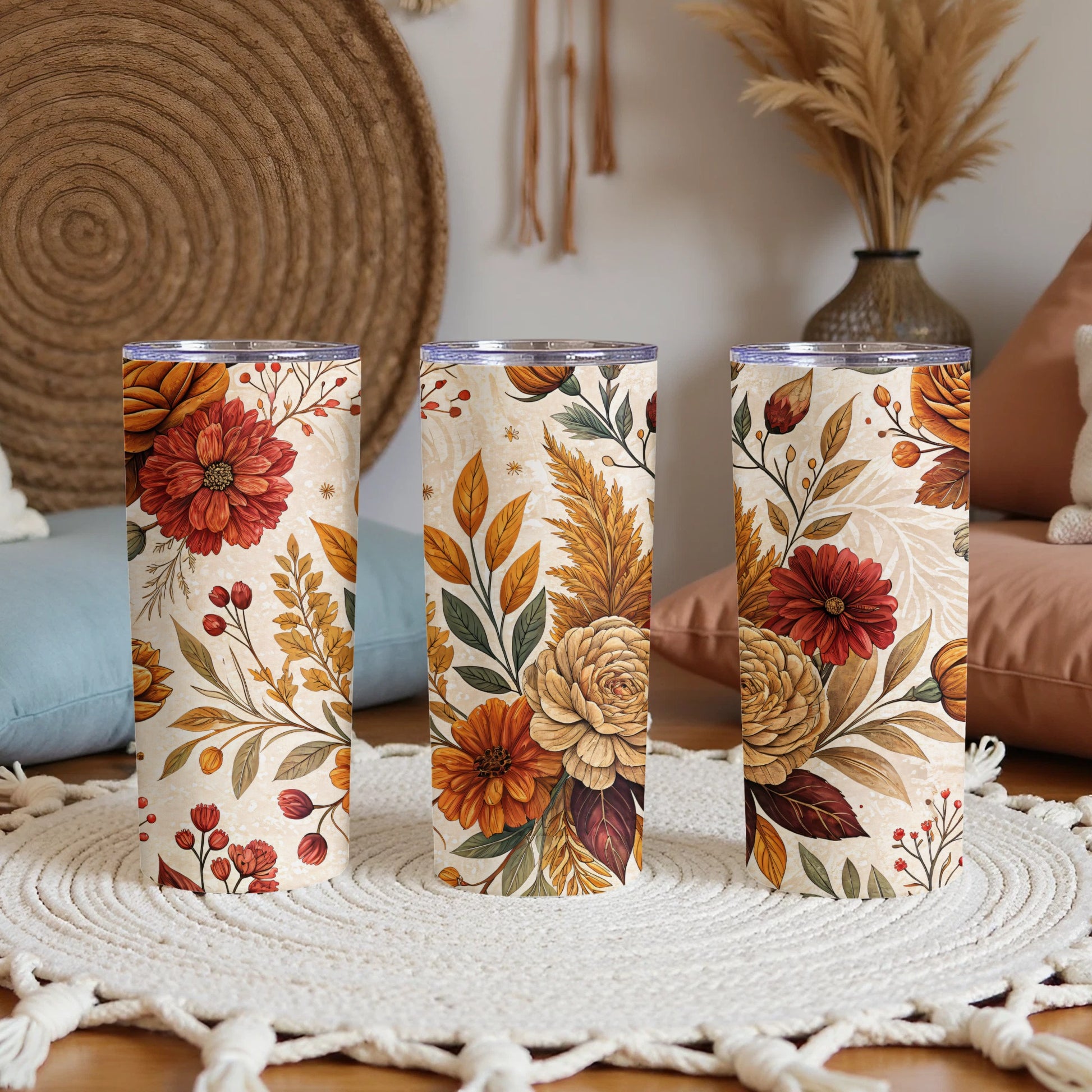 Elegant Floral Autumn Theme Tumbler Set for Cozy Vibes