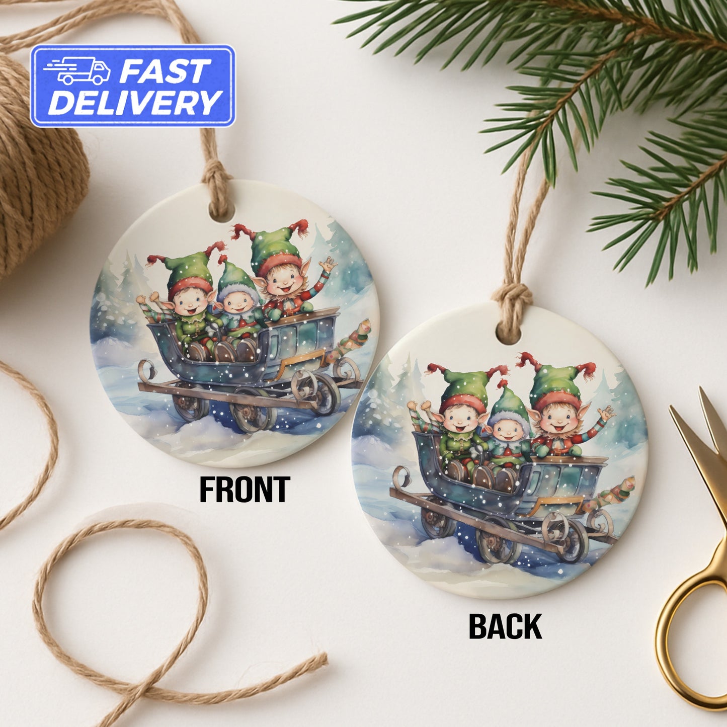 Adorable Elf Children Sleigh Ride Christmas Decoration product