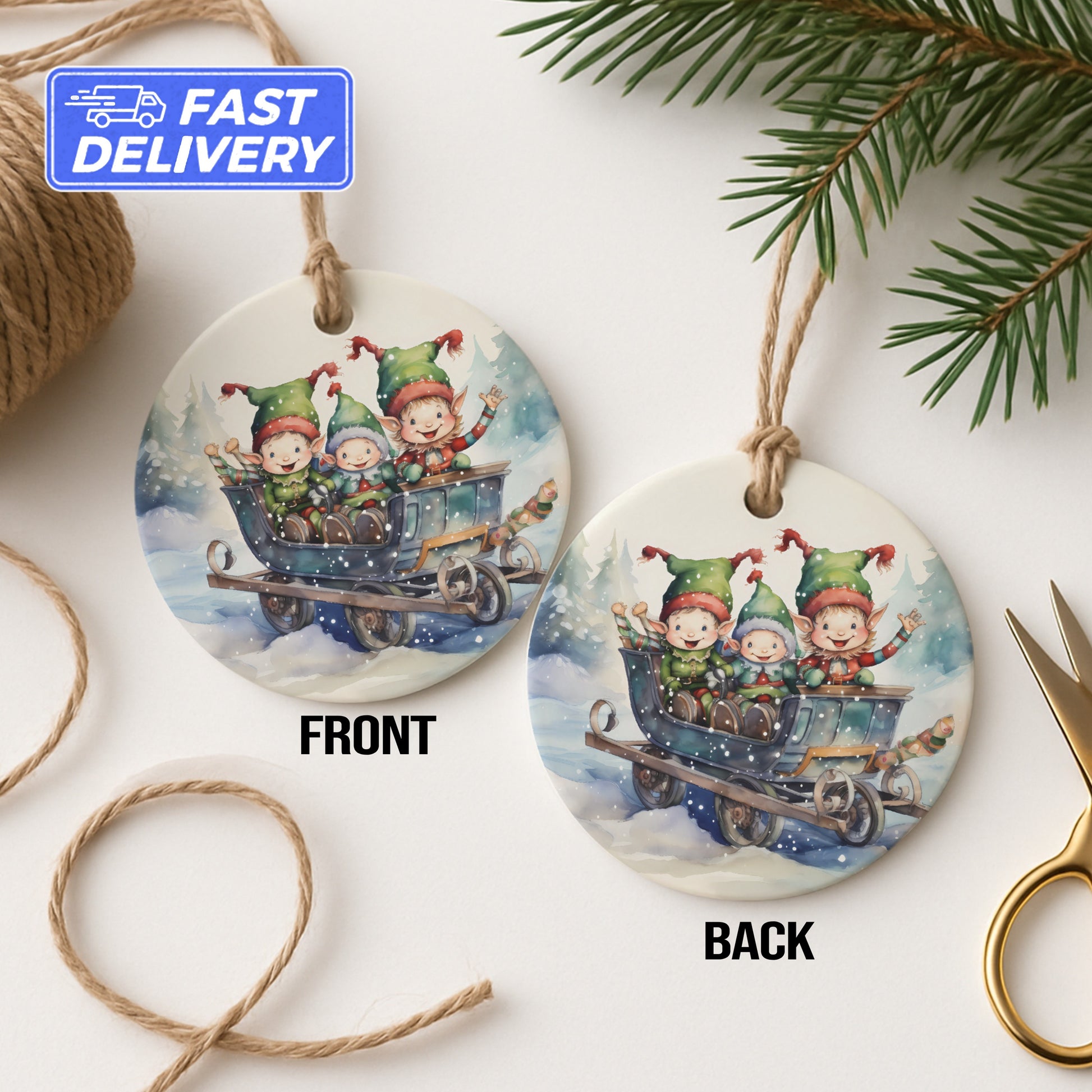 Adorable Elf Children Sleigh Ride Christmas Decoration product