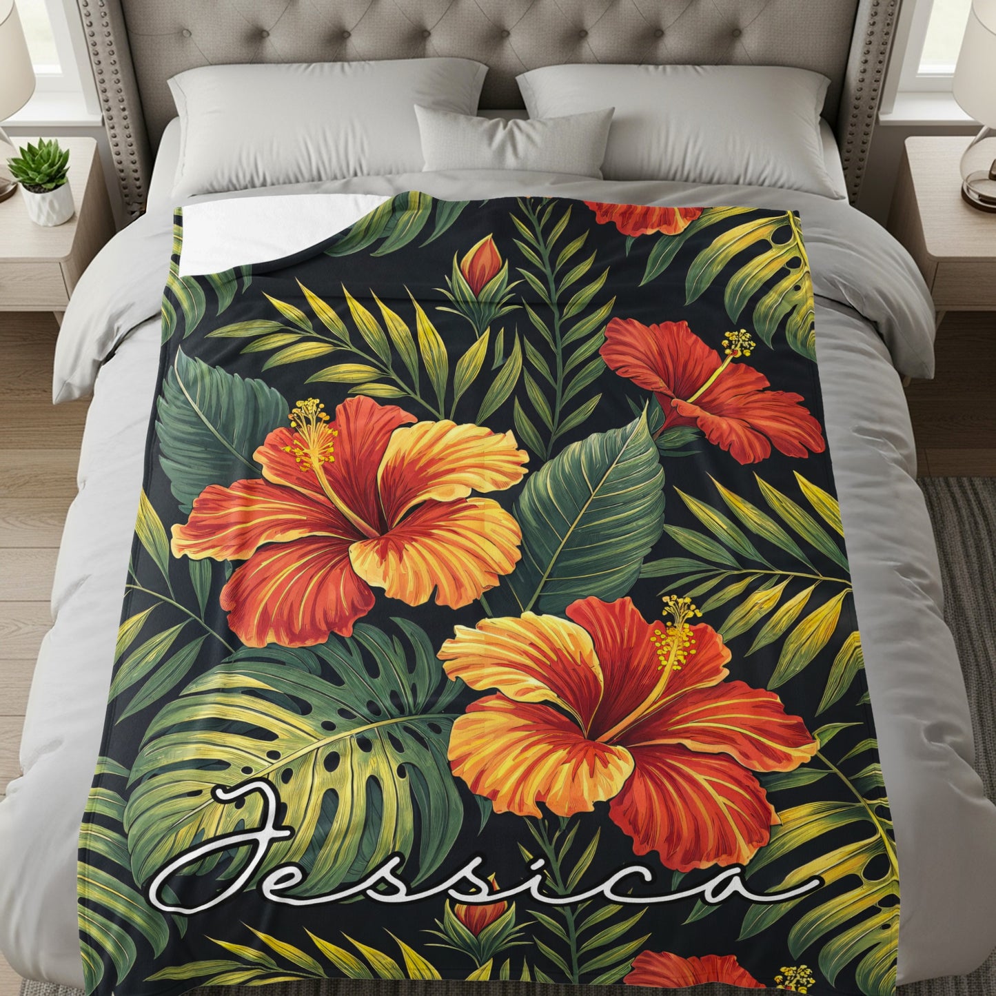 Personalized Hibiscus Flower Blanket with Name Design