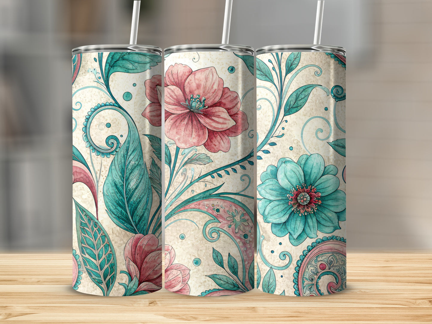 Floral Dreamscape Turquoise Crimson 20 oz Skinny Tumbler - Walk Greener