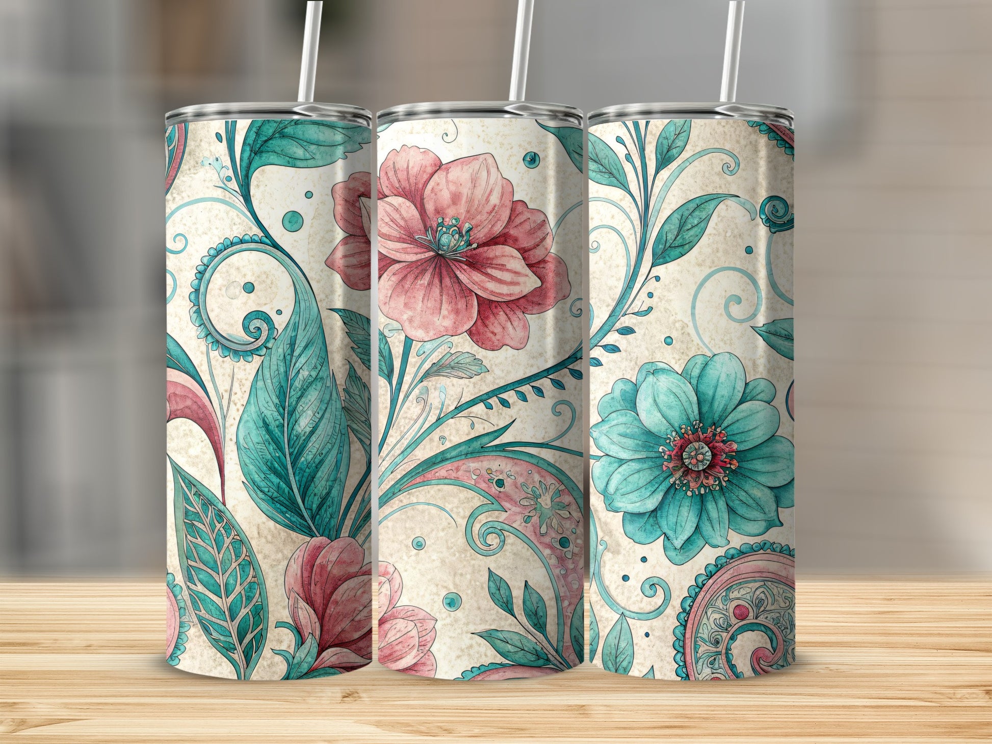 Floral Dreamscape Turquoise Crimson 20 oz Skinny Tumbler - Walk Greener