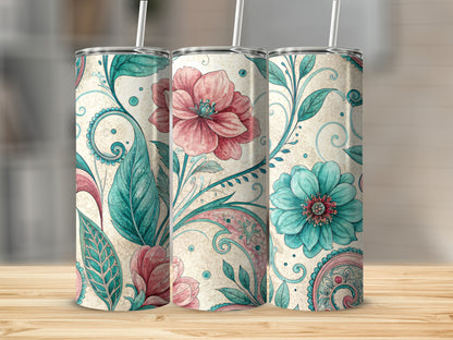 Floral Dreamscape Turquoise Crimson 20 oz Skinny Tumbler - Walk Greener