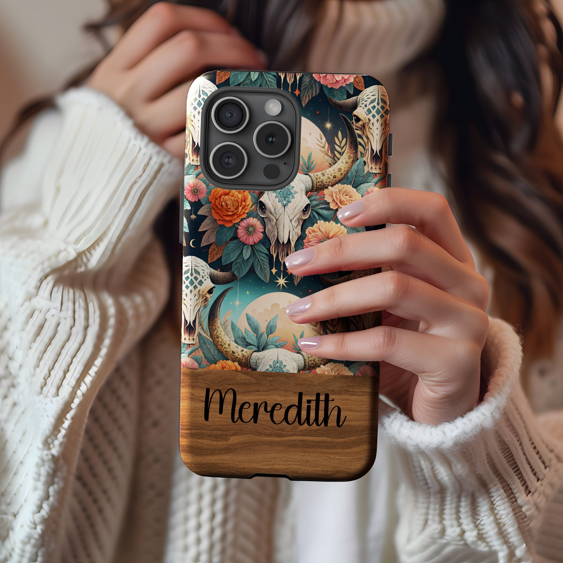 Personalized Floral Skull Design Phone Case Custom Name
