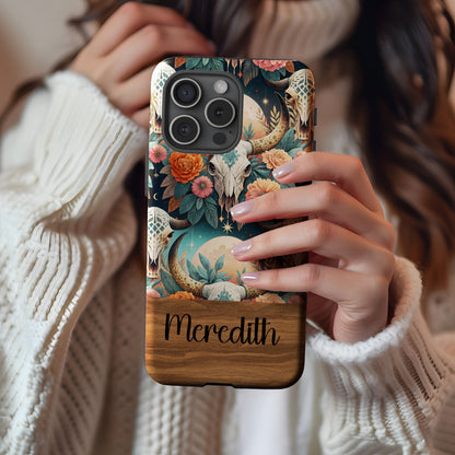 Personalized Floral Skull Design Phone Case Custom Name