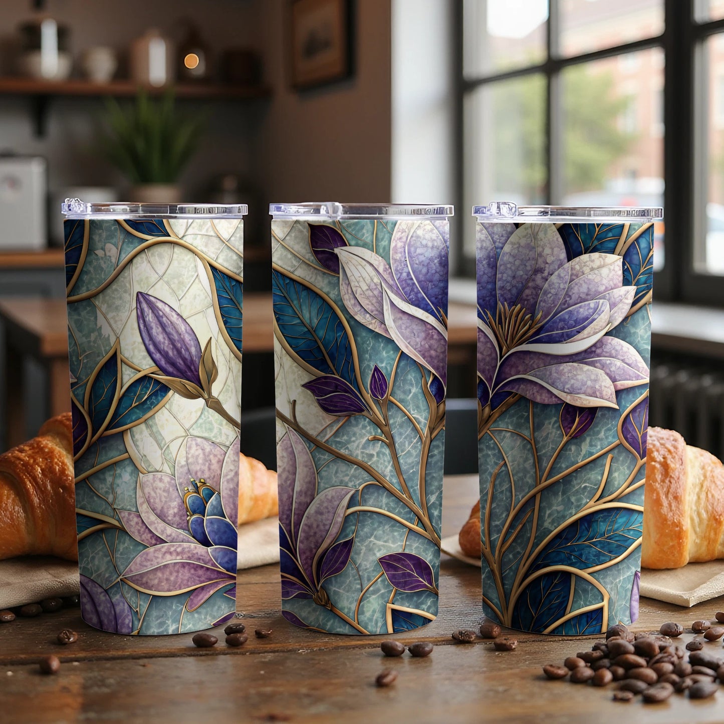 Purple Blooms on Turquoise Backdrop Design 20 oz Skinny Tumbler - Walk Greener