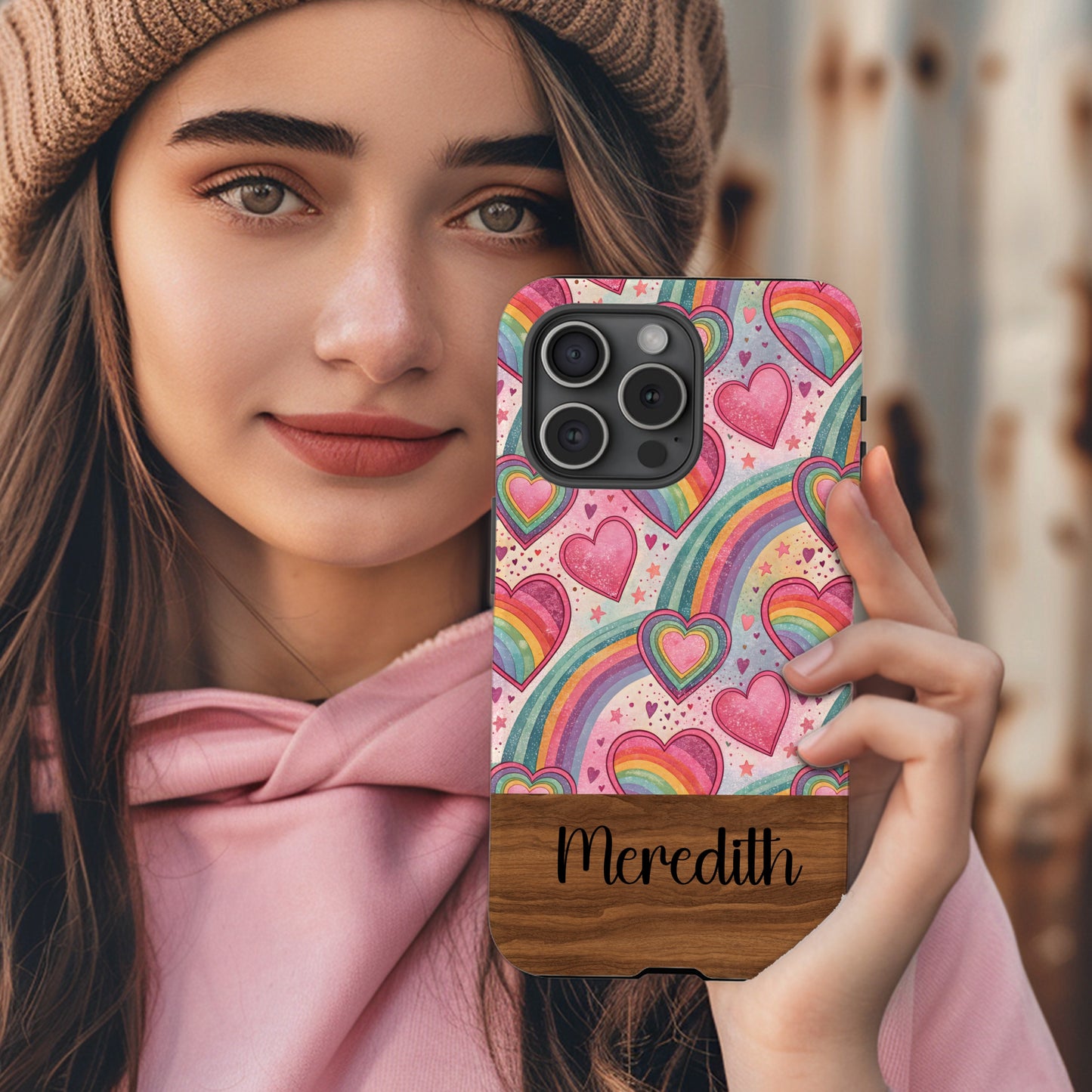 Rainbow Hearts Pattern Design with Custom Name Custom Phone Case - Walk Greener