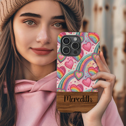 Rainbow Hearts Pattern Design with Custom Name Custom Phone Case - Walk Greener
