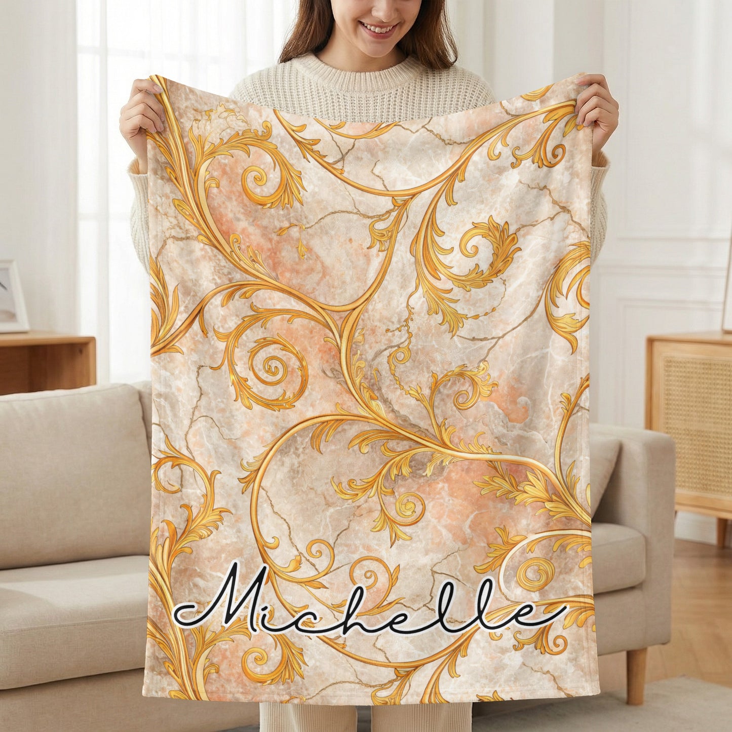 Gold Floral Swirls on Marble Custom Name Blanket - Walk Greener