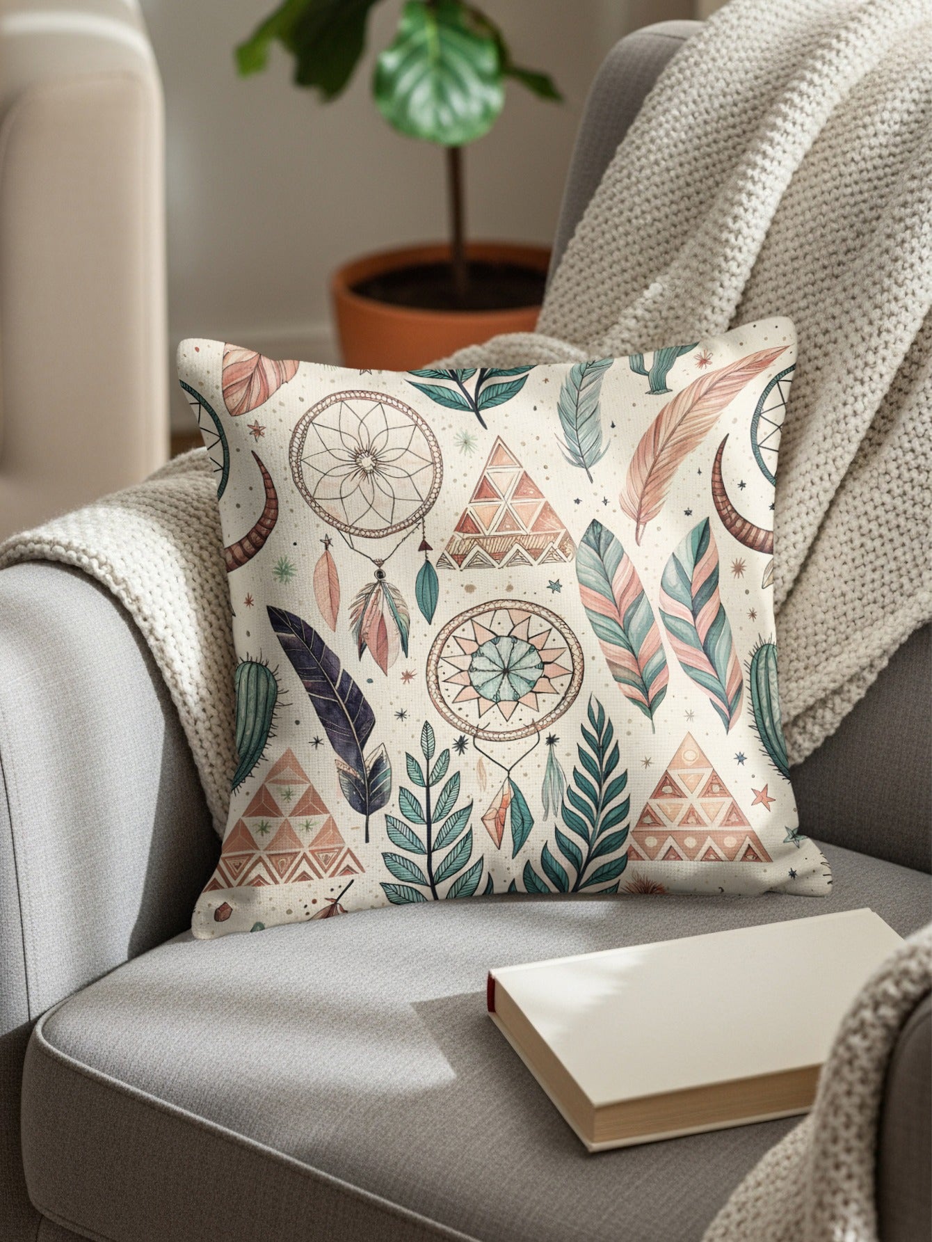 Bohemian Dreamcatcher and Feathers Decorative Pillow