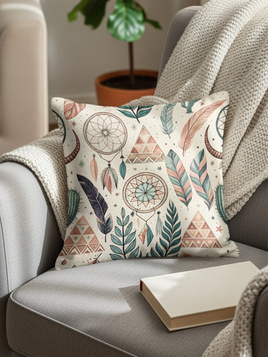 Bohemian Dreamcatcher and Feathers Decorative Pillow
