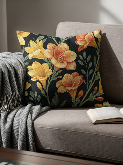 Yellow Orange Floral Pattern Dark Background Decorative Floral Throw Pillows - Walk Greener