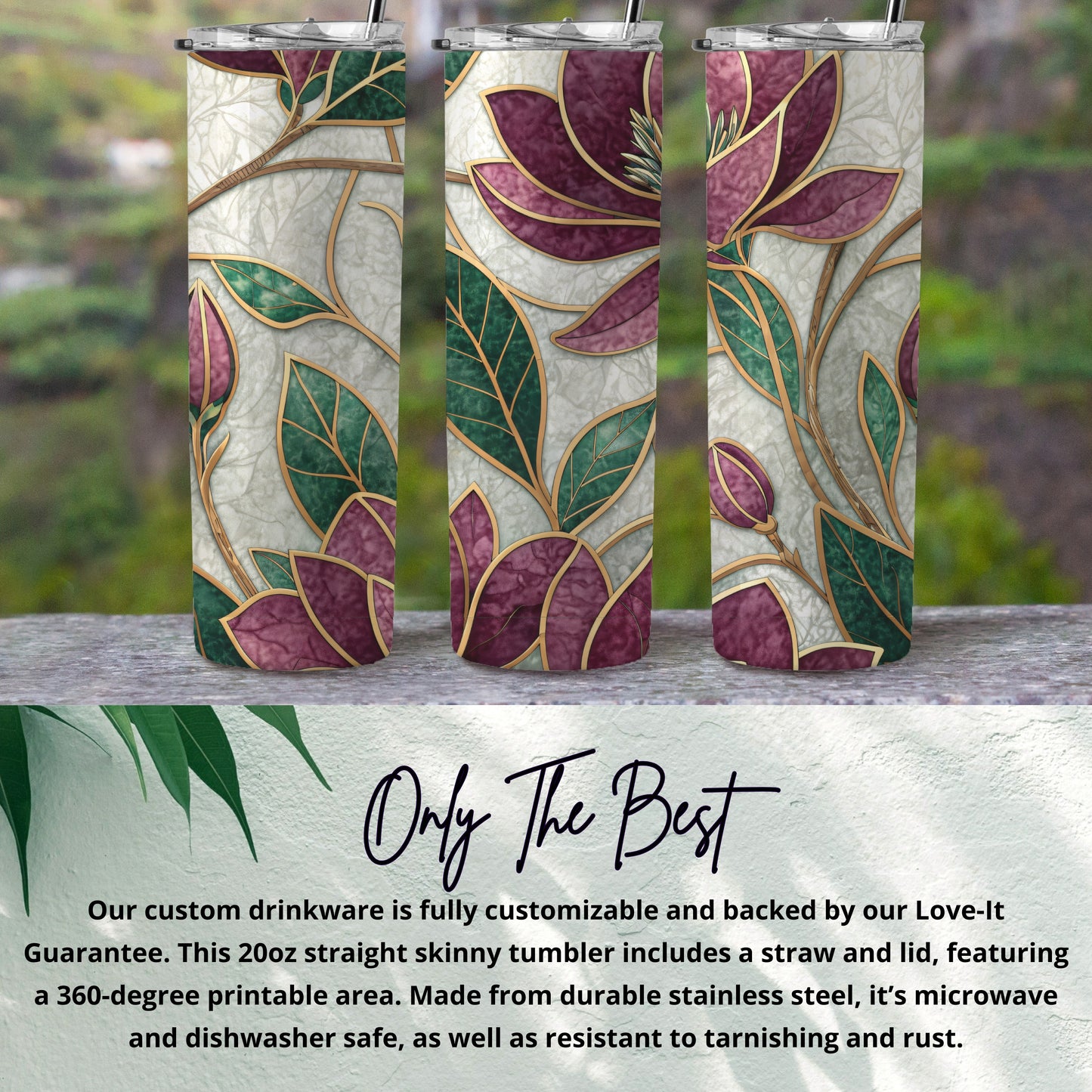 Magnolia Floral Green Leaves Burgundy Petals 20 oz Skinny Tumbler - Walk Greener