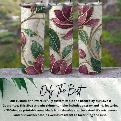 Magnolia Floral Green Leaves Burgundy Petals 20 oz Skinny Tumbler - Walk Greener