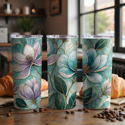 Magnolia Floral Watercolor Teal Background 20 oz Skinny Tumbler - Walk Greener