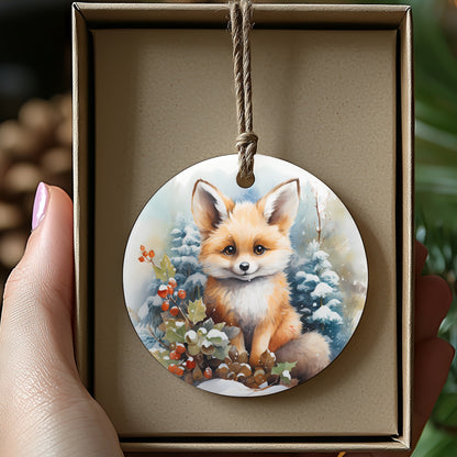 Fox in Winter Scene Ornament with Rope Hanging product type