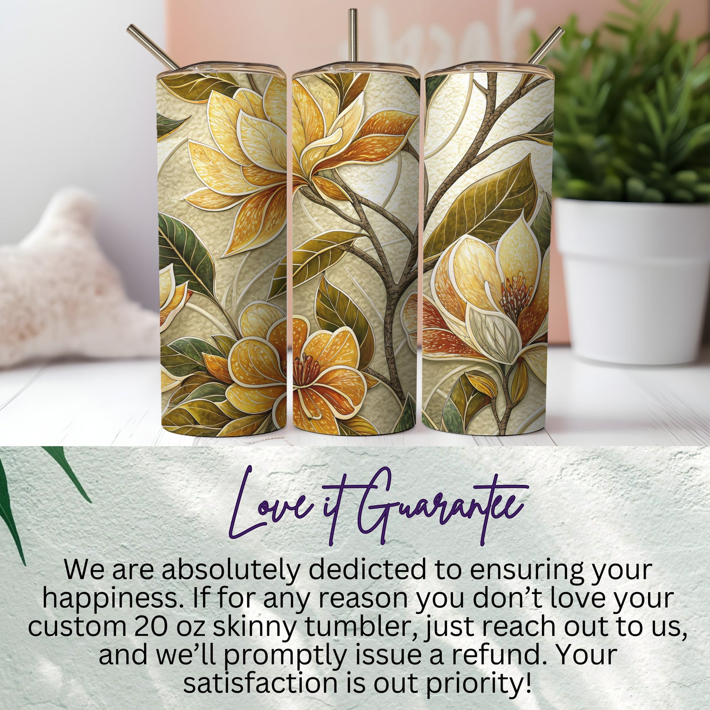 Golden Floral Bloom Delightful Botanical Decor 20 oz Skinny Tumbler - Walk Greener
