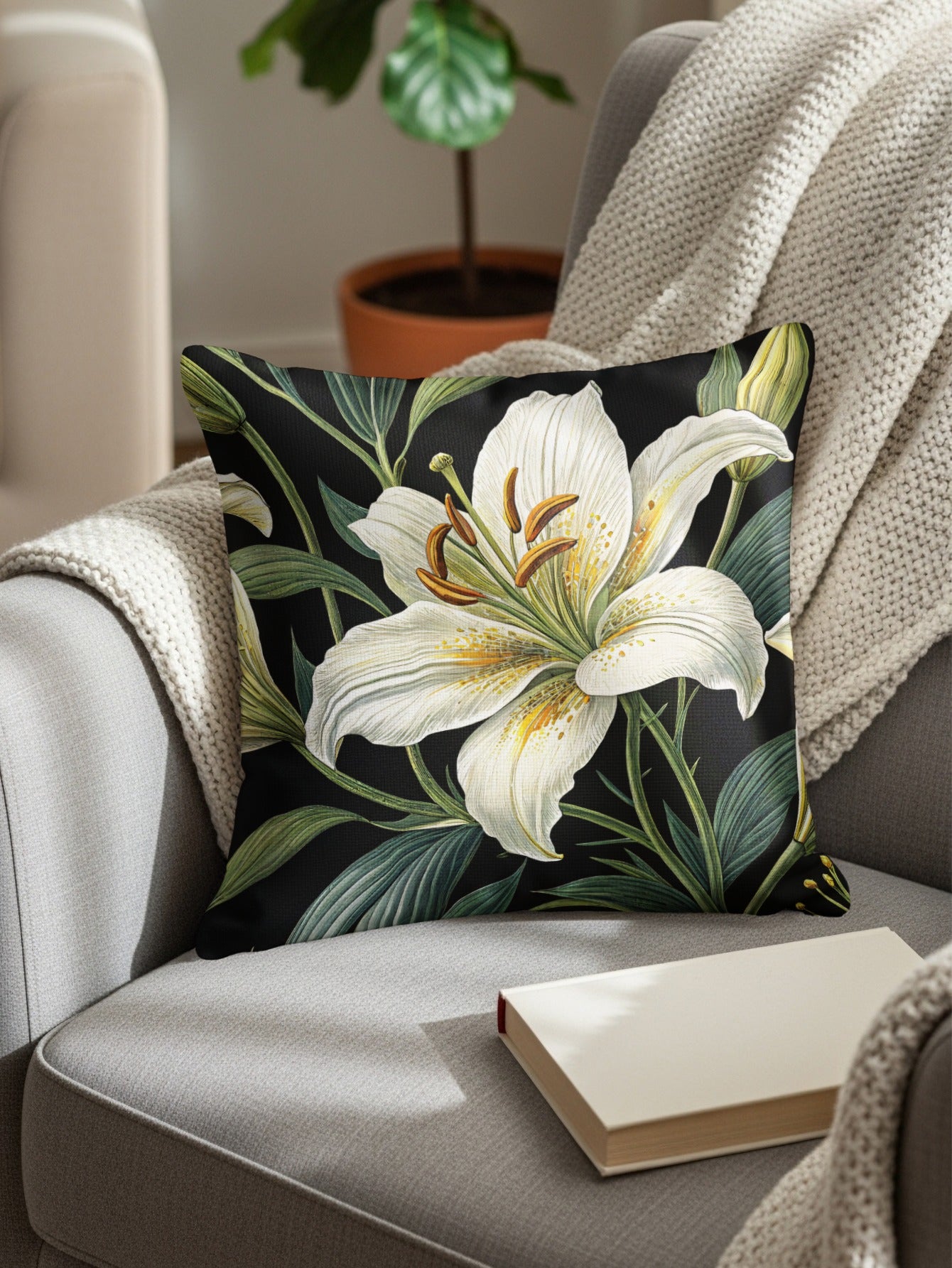 Elegant White Lily Pattern Throw Pillow Home Decor