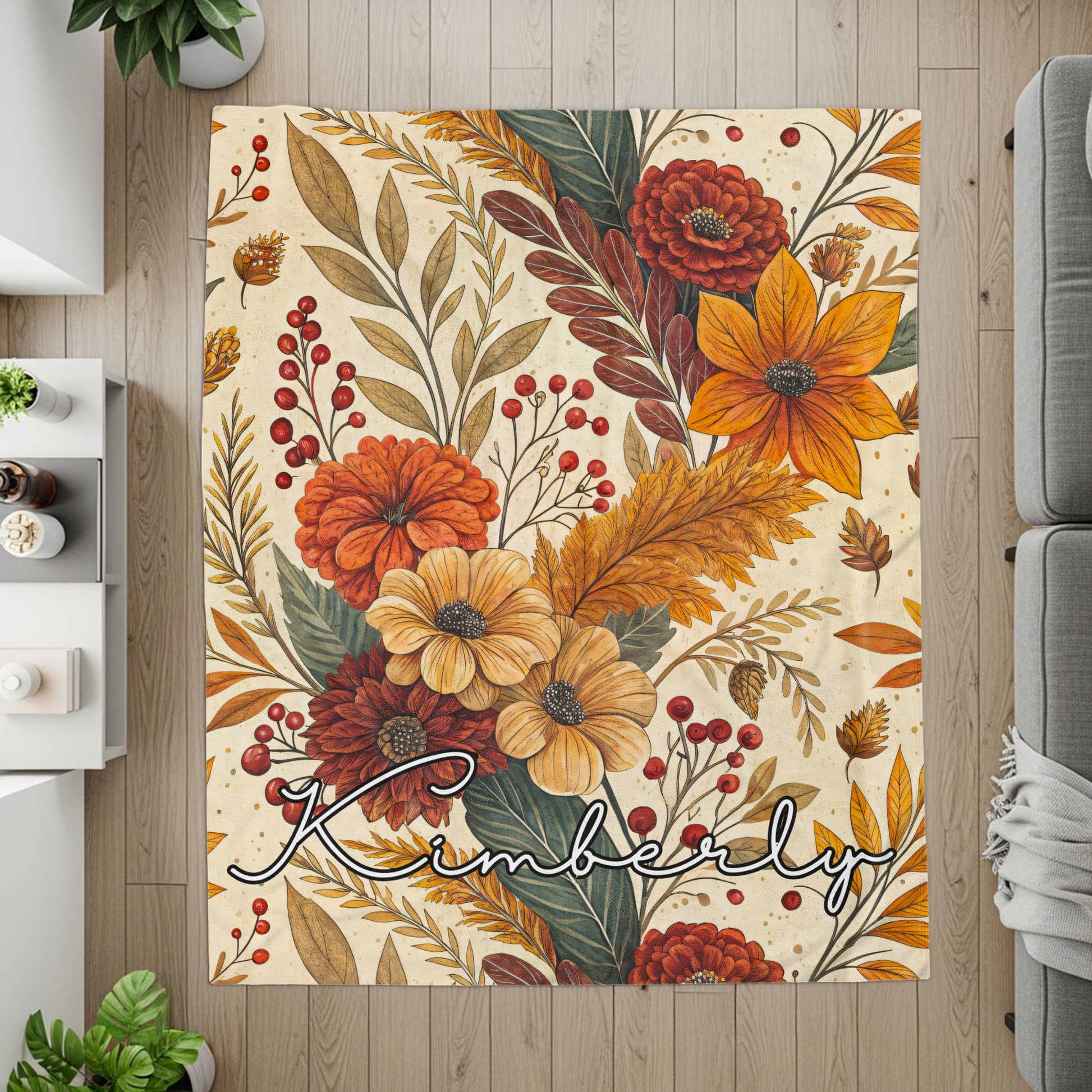 Personalized Autumn Floral Name Print Area Rug