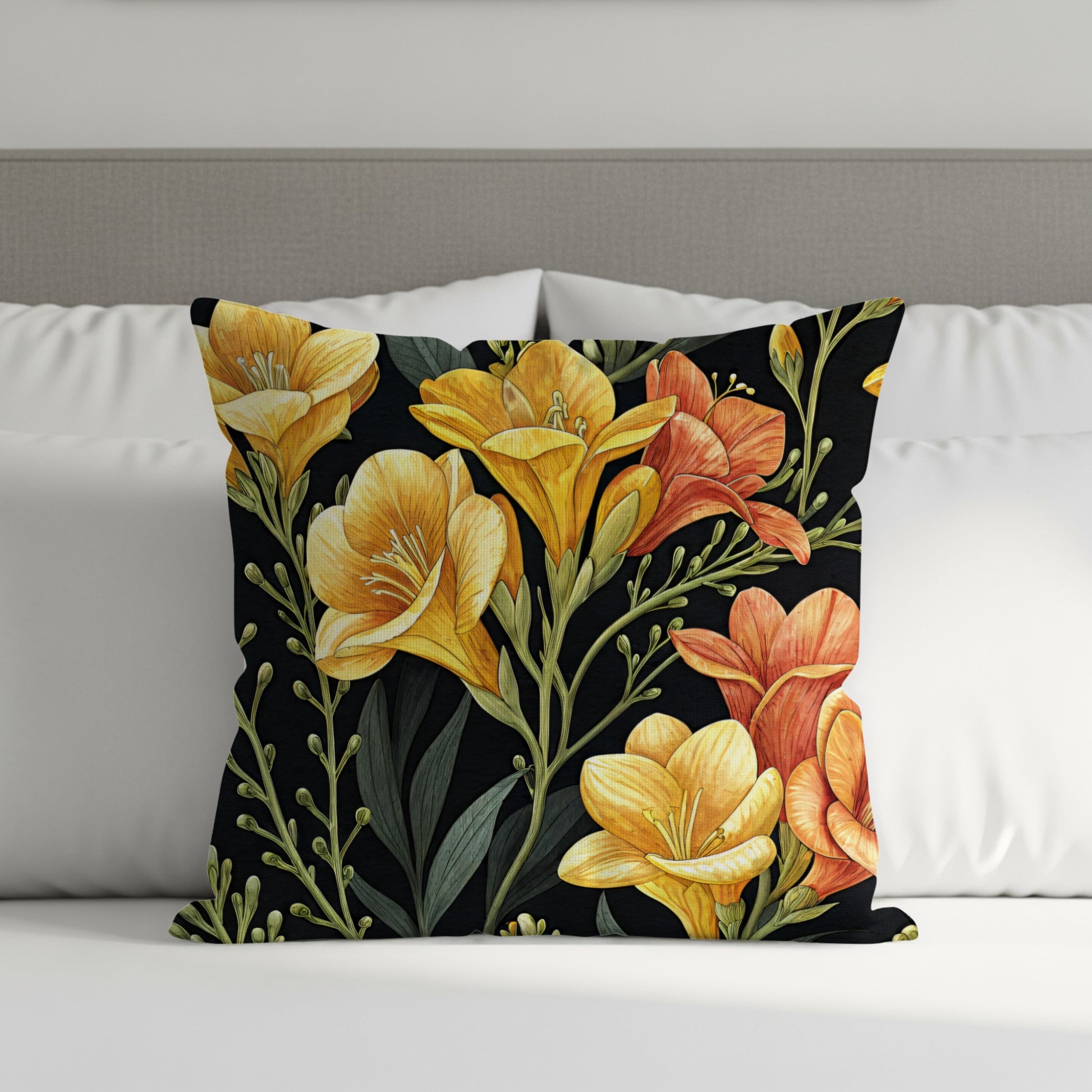 Orange Yellow Freesia Flowers Pattern Artistic Decorative Floral Throw Pillows - Walk Greener