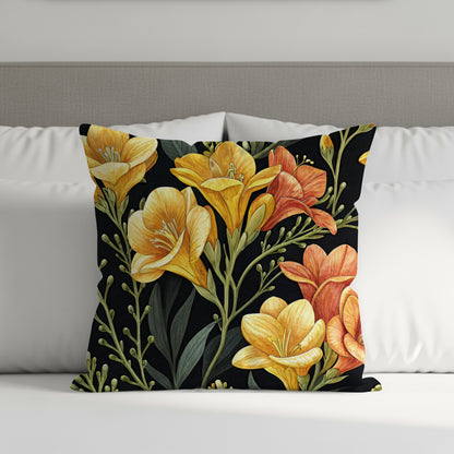 Orange Yellow Freesia Flowers Pattern Artistic Decorative Floral Throw Pillows - Walk Greener
