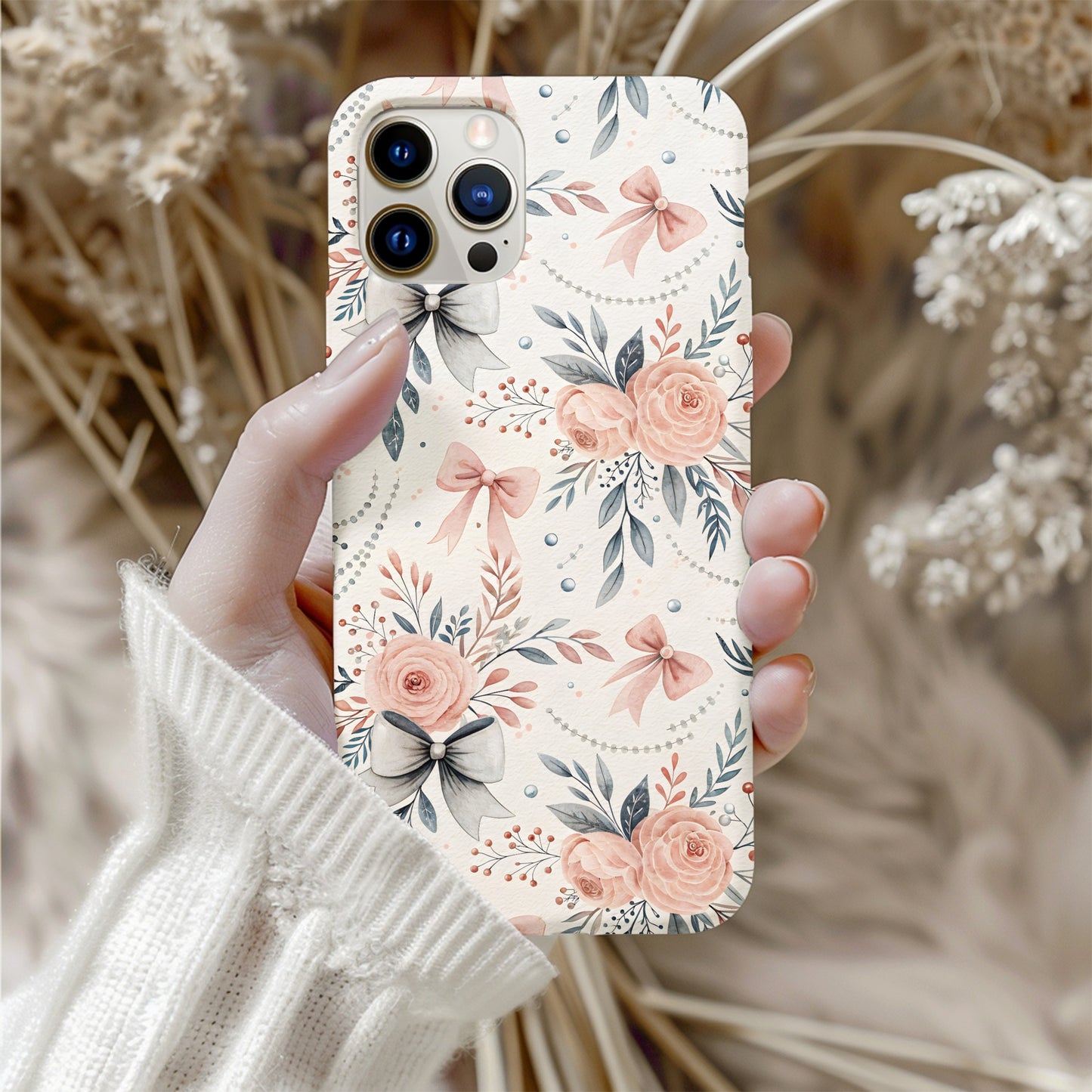 Elegant Peach Floral and Bow Pattern Phone Case
